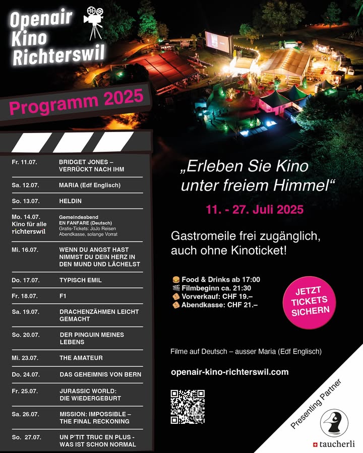 🎬 Openair Kino Richterswil – 11. bis 27. Juli 2025 
Filmr …
