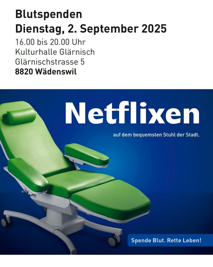 🩸 Blutspenden in der Kulturhalle Glärnisch 🩸 
Am Dienstag …