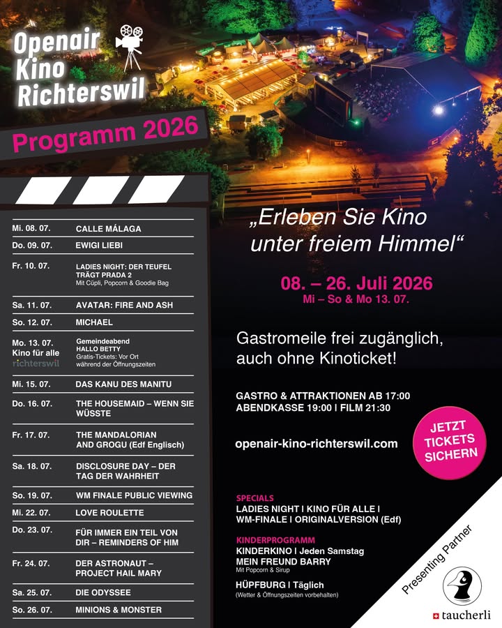 Openair Kino Richterswil 2026 🍿🎞️
Vom 08. bis 26. Juli …