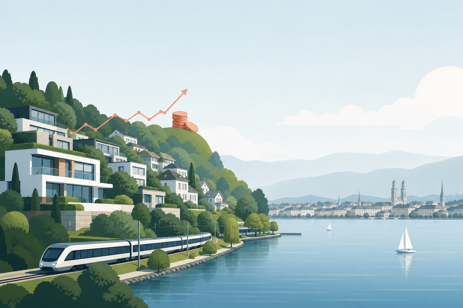 Illustration der Wohnlagen am Zürichsee mit Bahnverbindung und dezentem Hinweis auf steigende Wohnkosten