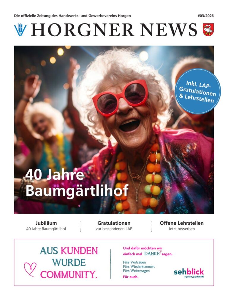 Titelseite der Horgner News 3/2026 mit dem Titelthema «40 Jahre Baumgärtlihof»