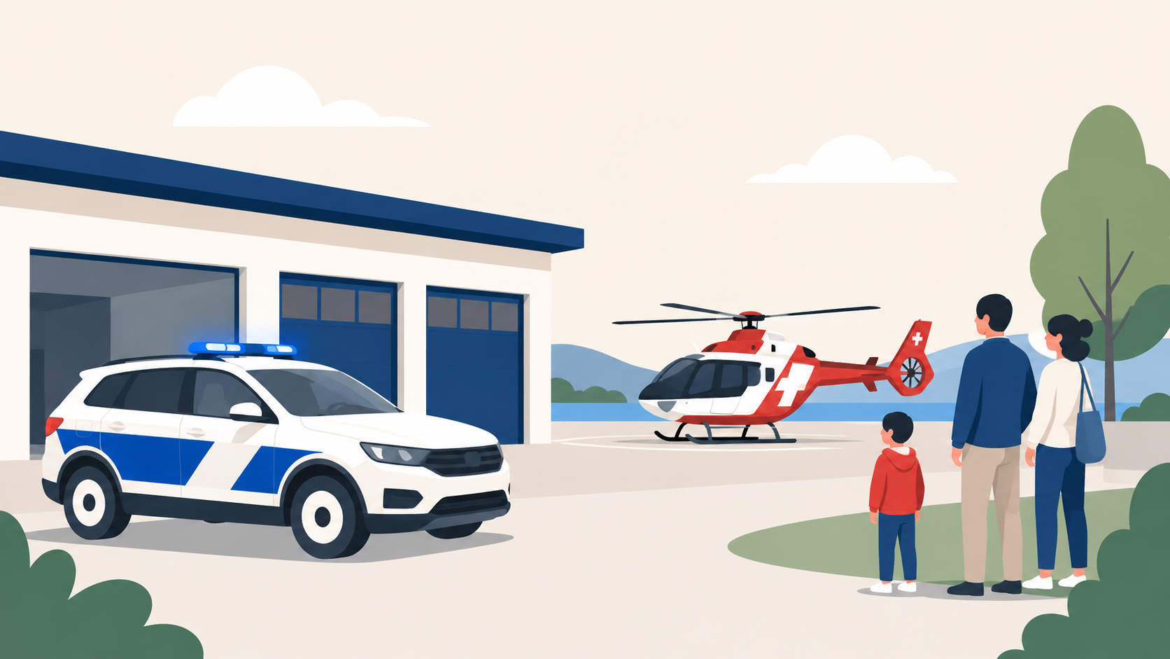 Illustration einer Familie vor einem Einsatzfahrzeug und einem Rettungshelikopter.