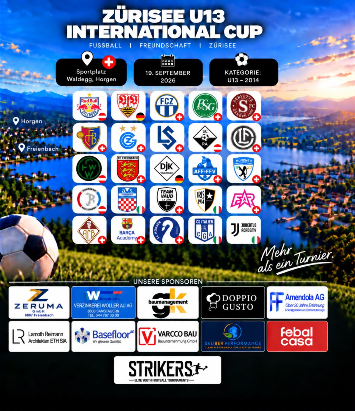 Turnierplakat zum Zürisee U13 International Cup am 19. September 2026 auf der Waldegg in Horgen mit den Logos der 25 Mannschaften.