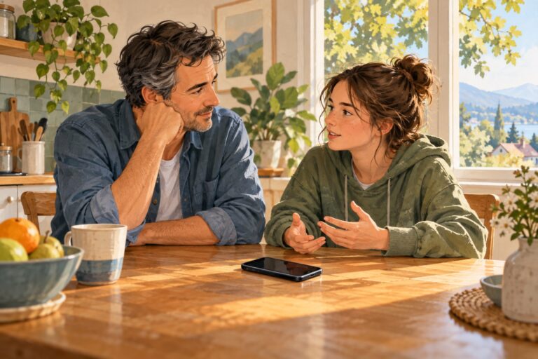Illustration: Ein Vater und eine Jugendliche sprechen am Küchentisch; ein Smartphone liegt unbenutzt vor ihnen.
