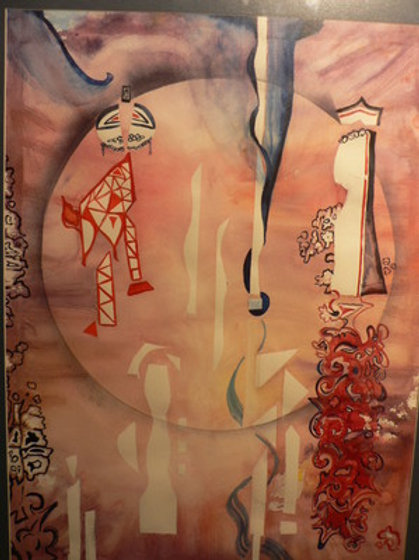 Gerahmtes Aquarell «Shanghai» von Ursula Sulser in Rosa-, Ocker- und Blautönen mit abstrahierten Figuren und dunklen geschwungenen Linien.