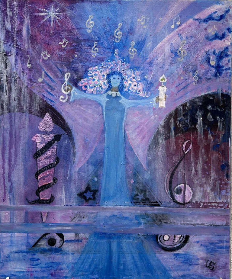 Gemälde «Frieden» von Ursula Sulser: blaue Figur mit ausgebreiteten Armen, violetten Flügelformen, Notenzeichen und Lichtmotiven.